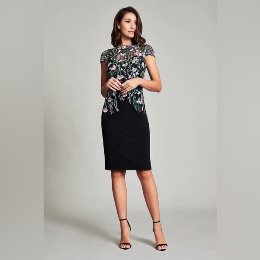 BLACK NARUMI EMBROIDERED CAP SLEEVE DRESS